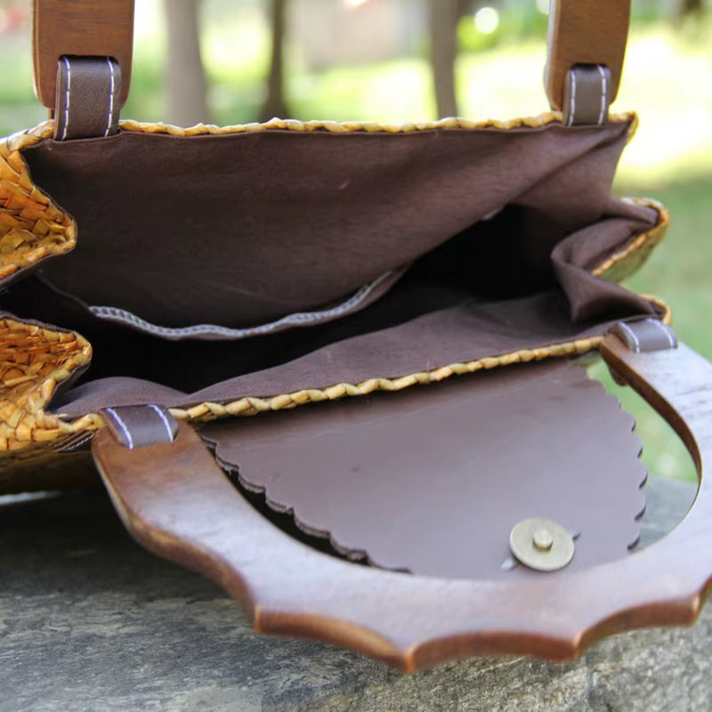 Vintage Wooden Handle Woven Handbag Weaving Straw Bag Ladies Hand Bags