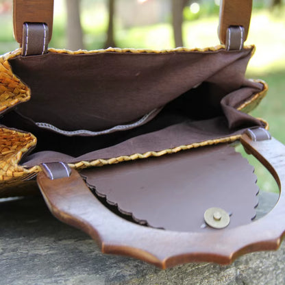 Vintage Wooden Handle Woven Handbag Weaving Straw Bag Ladies Hand Bags